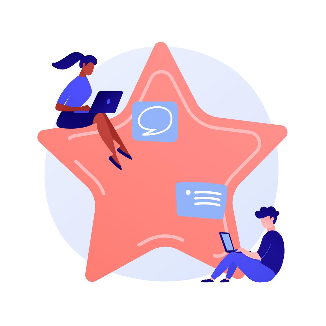 Two figures seated in front of a large star. Both are typing on a laptop.