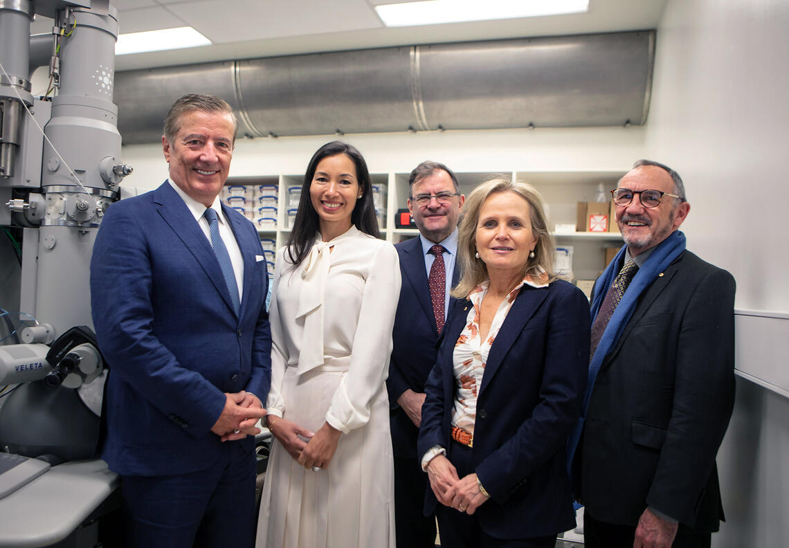 L-R: Philanthropists Geoffrey and Anna Cumming; University of Melbourne former vice-chancellor, professor Duncan Maskell, PhD; Doherty Institute director, professor Sharon Lewin, PhD, and University of Melbourne deputy vice-chancellor research, professor Jim McCluskey, MD.