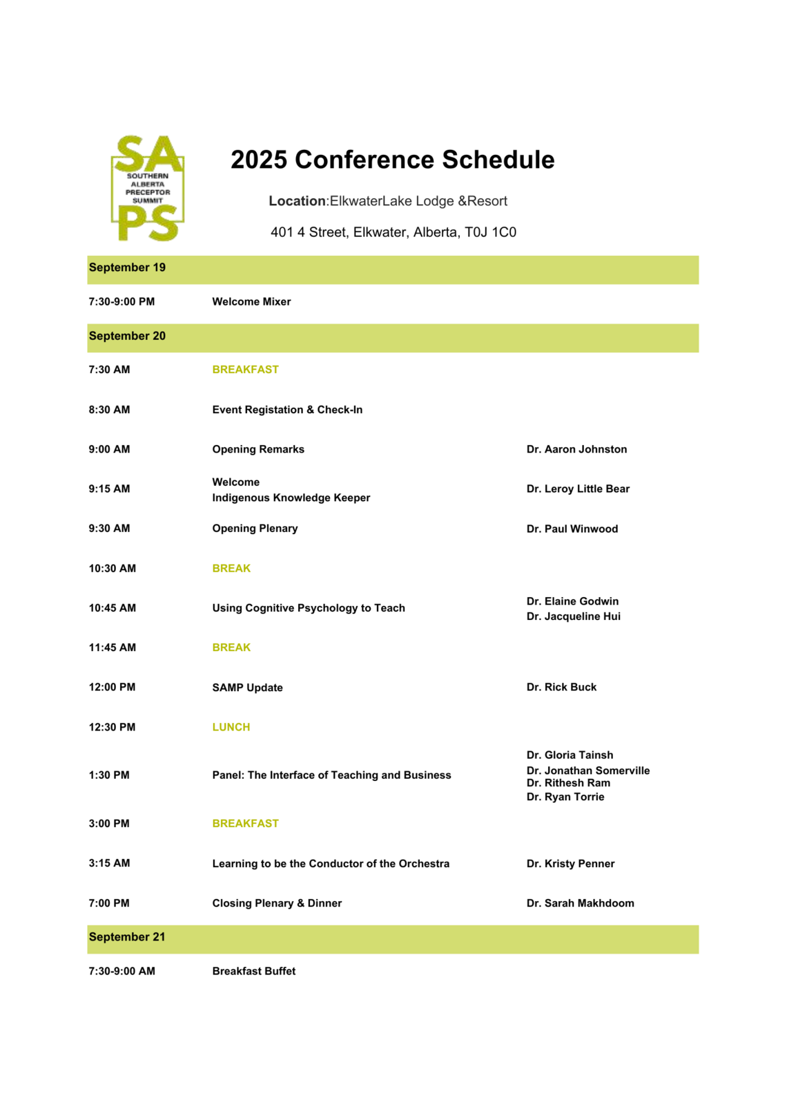 SAPS25 Schedule at a Glance