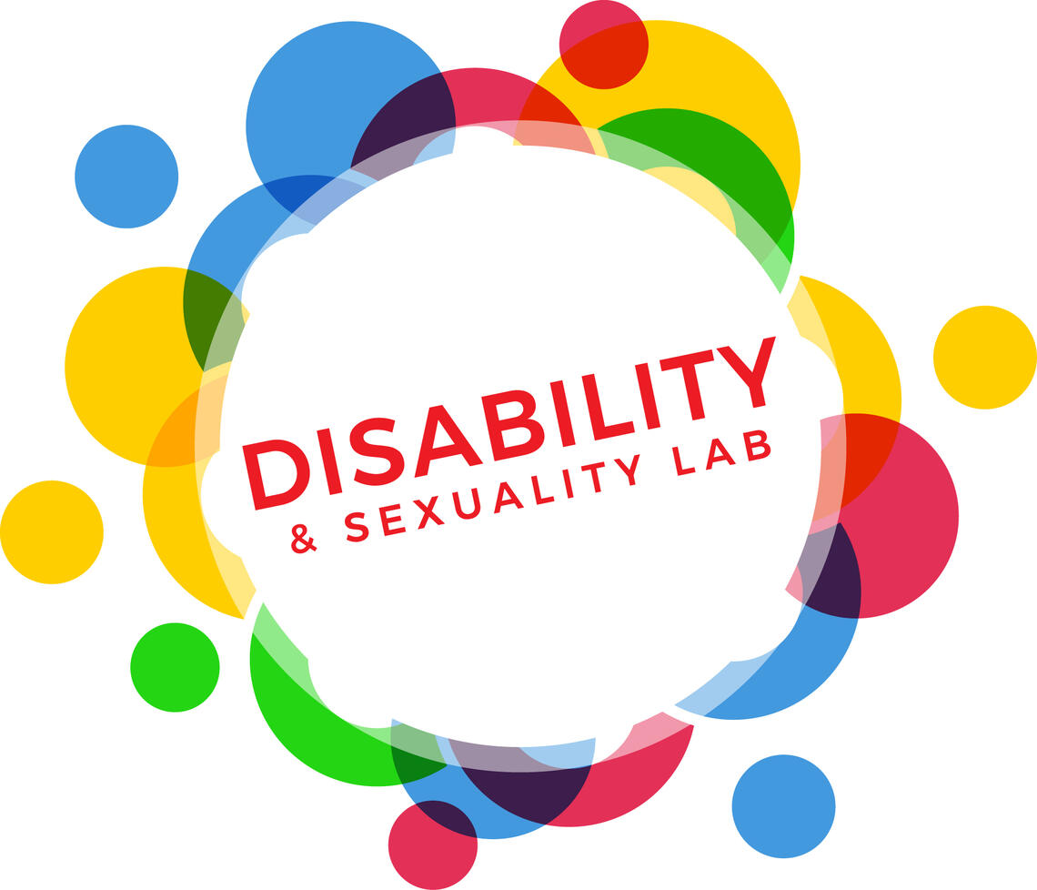 The Disability and Sexuality Lab's logo. It is colorful bubbles of green, blue, yellow, and red that form a circle. Inside the circle the background is white and it reads "Disability and Sexuality Lab" in the same red color as the bubbles surrounding it