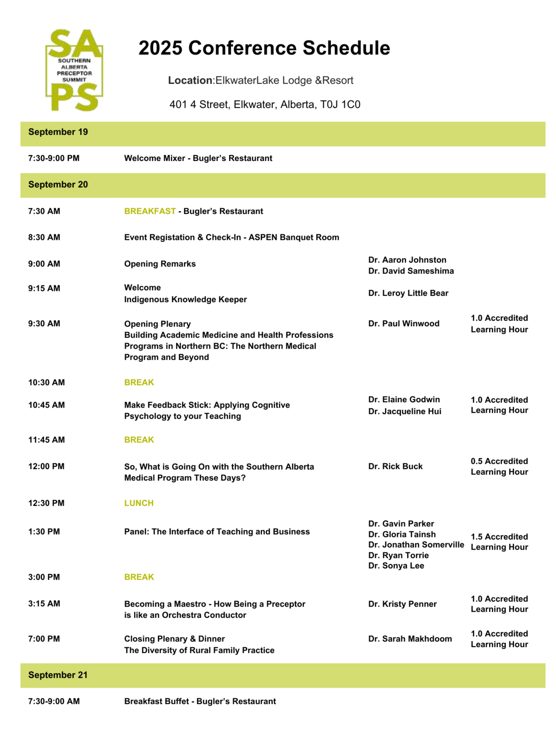SAPS schedule at a glance with locations