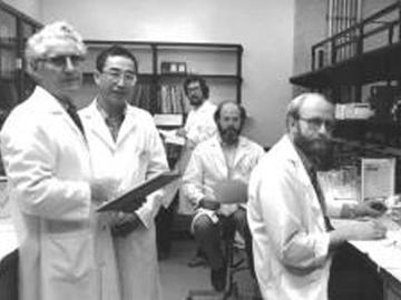 The founding members of the Cell Regulation Research Group in 1982. L to R: George Drummond (deceased), Jerry Wang (now in Hong Kong), Mike Walsh, Dave Waisman (now at Dalhousie University), David Severson.
