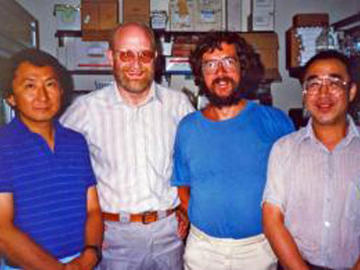 The Cell Regulation Group welcomes new member Don Fujita (on Left) in 1986; L to R, David Severson, Mike Walsh, Jerry Wang.