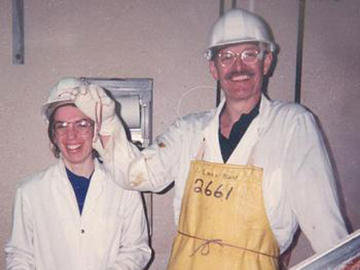 New technologies are required in efforts to move from nematodes to vertebrates: Marie Azzaria and Jim McGhee visit the Burns Slaughter house in Red Deer in 1991.