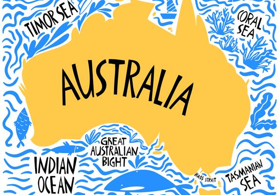 Cartoon Map of Australia. The island is a bright yellow with blue waves surrounding it. 