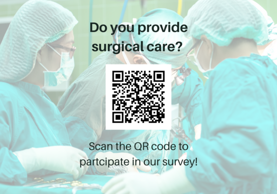 QR code for ERAS Barriers and Facilitators Survey behind a background of surgeons 