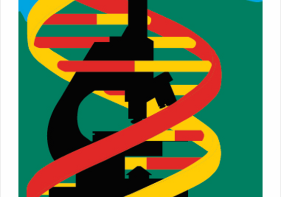 Banff Pathology Course logo. An outline of a microscope with red and yellow DNA around it, and the outline of mountains in the background.