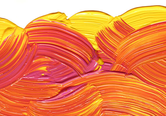 Abstract art with brushstrokes of red, orange, and yellow. 