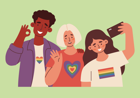 three figures in Pride clothing