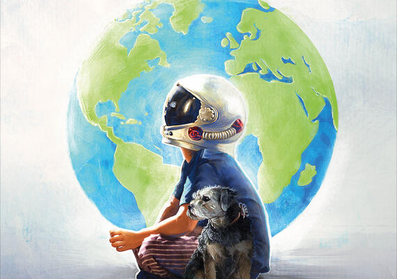 large image of a globe with someone sitting in front of it wearing a helmet