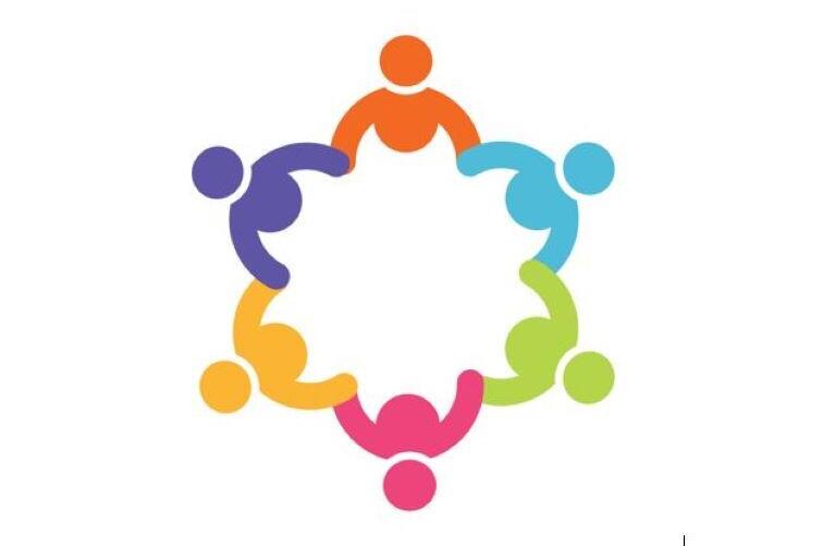 A birds eye view of comic / cartoon sized people holding hands forming a circle 