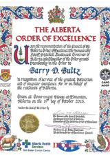 Alberta Order of Excellence Certificate - Barry Bultz