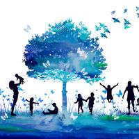 Illustration of tree families playing under it