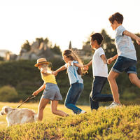 Children running in a field with a dog; a castle is in the distance on a hill