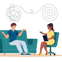 Illustration of psychologist and patient sitting in a therapy session