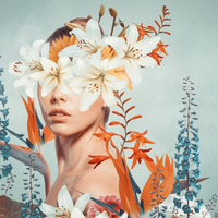 Abstract painting of woman with flowers for eyes