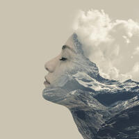 Woman with clouds around her head