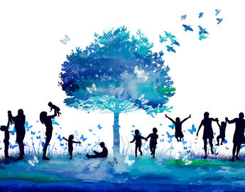 Illustrated tree with families playing underneath it